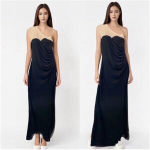Vintage‎ Cachet Women evening Gown One Shoulder Floor length Black Tan Sz 14